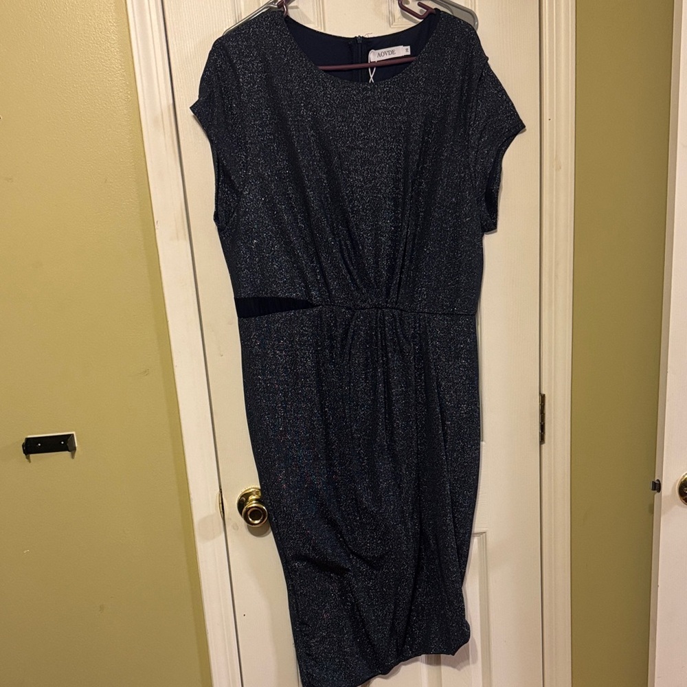 Abode Navy Sparkle Midi Dress with Gathered Waist and mess peekaboo
